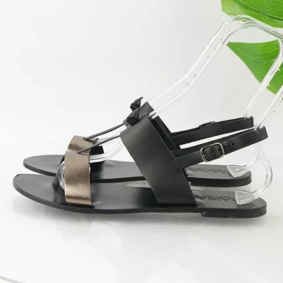 Bahia Womens Sandal Size 10 Black Gold Flat Leather Roman Thong Slingback Italy - Picture 6 of 14